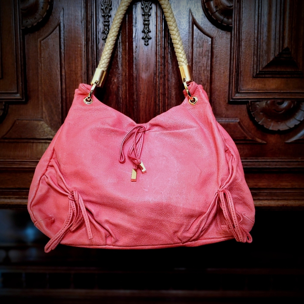 Gorgeous Pink Leather Handbag with Rope Strap
